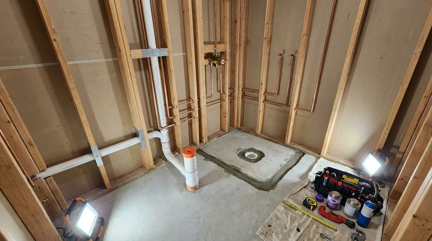 Bathroom rough-in plumbing during remodel by Johns Plumbing LLC in River Falls