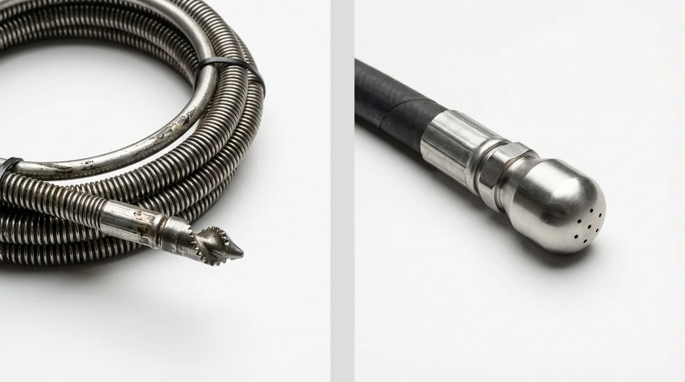 Drain snake cable and hydro jetting nozzle used for drain cleaning in River Falls, WI