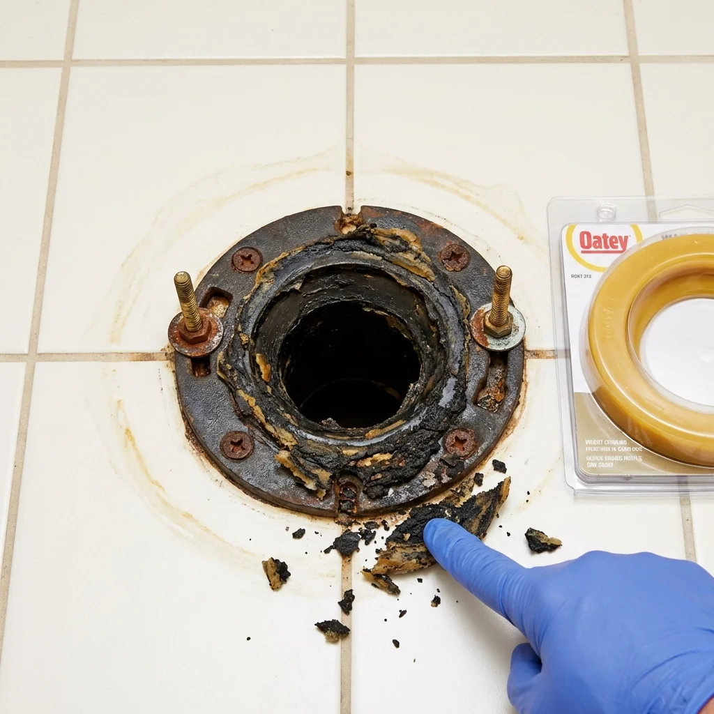 Failed wax ring showing water seepage at the base of a toilet in a River Falls, WI home